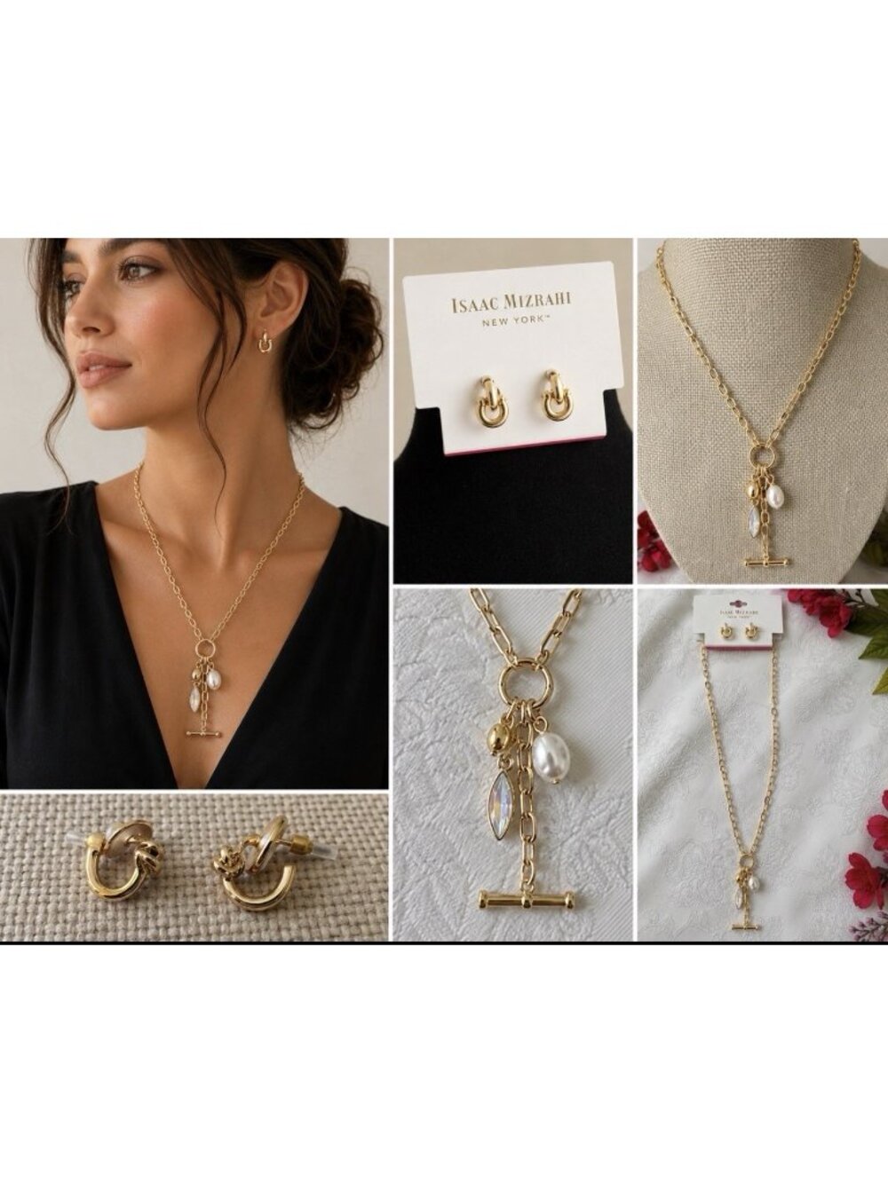 Isaac Mizrahi 20" CZ Gold Necklace Pearl Bar Rhinestone Charm Statement NEW